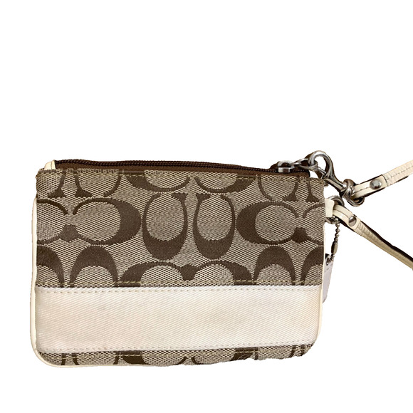 COACH Small Vintage Khaki/White SIS Signature Stripe Wristlet F45608 - Picture 1 of 11